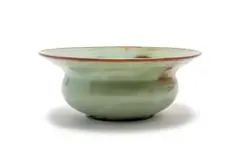 Bulbous bowl with flared neck by Linn Ware, sage- and rust-glazed earthenware, sold May 2025