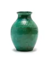 Linn Ware & Ceramic Studio, Bulbous vase with relief patterns, green-glazed earthenware