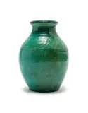 Bulbous vase with relief patterns by Linn Ware & Ceramic Studio, green-glazed earthenware, sold May 2025