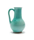 Bulbous vase with tall neck and handle by Linn Ware & Ceramic Studio, light turquoise-glazed earthenware, sold May 2025