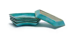 Crescent salad dishes, five by Linn Ware, turquoise- and rust-glazed earthenware, sold May 2025