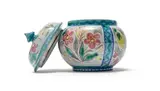 Linn Ware, Floral patterned jar and cover, painted and glazed white earthenware