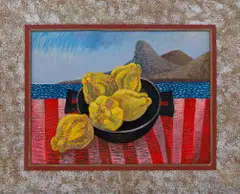 Nicolaas Maritz, Five Quinces in a Pot, oil on board in artist's hand-painted frame
