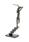 Guy Du Toit, Hare at Top of Stairs, bronze with a brown patina