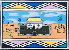 Esther Mahlangu, Untitled (Ndebele Village), acrylic on canvas