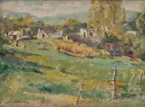 Walter Battiss, Landscape with Trees and Cottages, oil on canvas