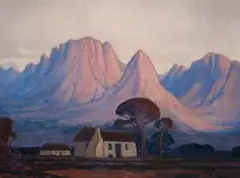 Jacobus Hendrik Pierneef, Cottage in a Mountain Landscape, oil on board