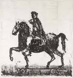 William Kentridge, Marcus Aurelius, 2016, lift ground aquatint etching on 100% Hemp Phumani handmade paper on raw cotton cloth