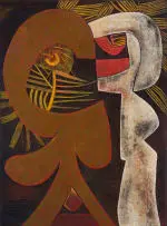 Abstract Couple by Cecil Skotnes, painted and incised wood panel, offered May 2025