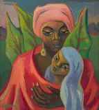 Maggie Laubser, Portrait of a Woman and Child with Decorative Leaves, oil on board