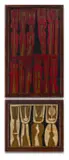 Cecil Skotnes, Abstract Figures, diptych, painted and incised wood panel