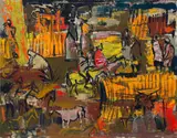 Walter Battiss, Figures and Horses, oil on board
