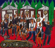 Alfred Thoba, 1976 Raioters are Faighting, to get Afrikaneries Back to Gaverning Office in South Africa as They Have Sycology, of Preventing People Wish Eat Human Beang's Meat (sic), oil on canvas laid down on board