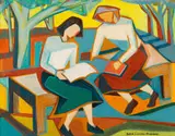 Women Reading by Bettie Cilliers-Barnard, oil on board, sold May 2025