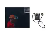 Sam Nhlengethwa, Miners and Miner's Lamp, oil and collage on canvas with miner's lamp