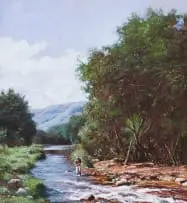 Crossing Whiskey Spruit by John Meyer, acrylic on canvas, sold May 2025
