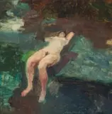 Clare Menck, Bathing Female Nude, oil on board