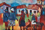 Solomon Siko, Township Scene with Figures and Dogs, oil on board