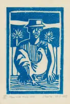 Man with a White Cock by Peter Clarke, linocut on paper, sold May 2025