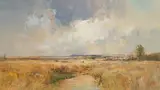 Christopher Tugwell, Farm Landscape with Two Figures in the Distance, oil on board