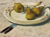 Still Life with Pears and Knives by Adriaan Boshoff, oil on canvasboard, sold May 2025