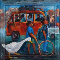 Solomon Siko, Figures in a Car with Geese, oil on board