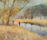 Christopher Tugwell, Three Boys Fishing, oil on board