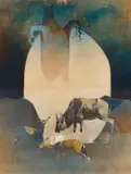 Keith Joubert, Wildebeest and Antelope Beneath a Baobab Tree, diptych, oil on canvas laid down on board