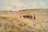 Christopher Tugwell, Figures Ploughing a Field with Oxen, oil on board