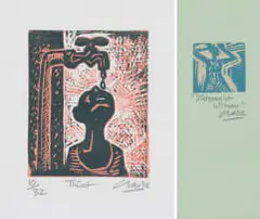 Peter Clarke, Thirst; Distraught Woman, two, colour woodcut on paper
