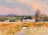 Christopher Tugwell, Farm Landscape with Pink Sunset, oil on canvasboard