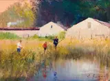 Christopher Tugwell, Fishing by Farm Buildings, oil on board