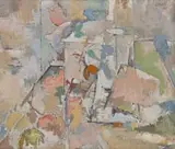 Gregoire Boonzaier, Abstraksie: Wit Beker and Vrugte (Abstract: White Jug and Fruit), oil on canvas laid down on board