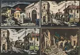 Gregoire Boonzaier, Cape Street Scenes with Figures, four, linocut with hand colouring on paper