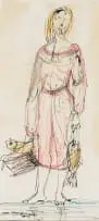 Amos Langdown, Figure with Fish, mixed media on paper laid down on board