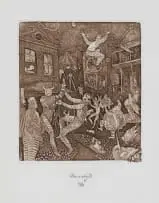 Street Scene with Circus Figures by Hardy Botha, etching on paper, sold May 2025