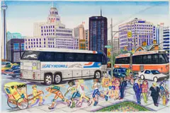 Thomas Motswai, Durban Cityscape with Greyhound Bus, crayon on paper