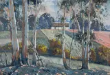 Sydney Carter, Blue Gum Trees Along a Pathway in a Farm Landscape, gouache on paper laid down on board