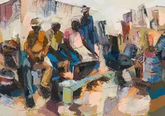 Welcome Koboka, Figures Gathered around a Radio, oil on canvas laid down on board
