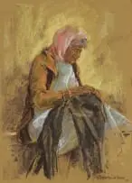 Andre de Beer, Elderly Woman Sewing, pastel on paper