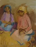 Marjorie Wallace, Two Seated Women, oil pastel and watercolour on paper