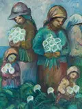 Amos Langdown, Arum Lily Pickers, oil on canvas laid down on board