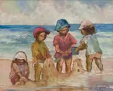 Amos Langdown, Children on the Beach, oil on board