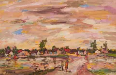 Kenneth Baker, Houses and Figures in a Landscape, oil on board