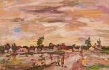 Kenneth Baker, Houses and Figures in a Landscape, oil on board
