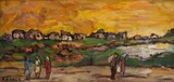 Kenneth Baker, Landscape with Figures and Houses in the Distance, oil on board