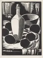 Still Life with Bottle by David Botha, linocut on paper, offered May 2025