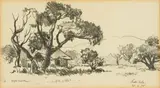 Otto Klar, Trees and Hut, charcoal on paper