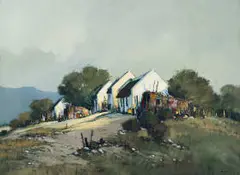 Cottages on a Hill by Mel Brigg, oil on canvas laid down on board, offered May 2025