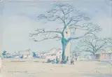 Erich Mayer, Village Scene with Boabab, watercolour on paper